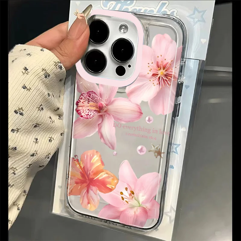 Pink Lily Flower Pattern Phone Case For iPhone 18 16 17 16e 15 14 13 12 11 Pro Max X XR XS Max 7 8 Plus Transparent Soft Cover