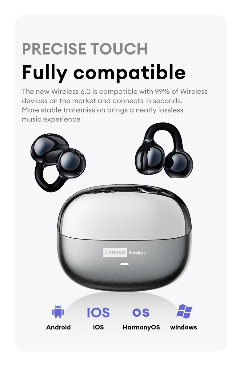 Lenovo LE302 Wireless Bluetooth 6.0 Headset Long Battery Life Sports Ear Clip Earphones HIFI Stereo Noise Cancelling Headphones