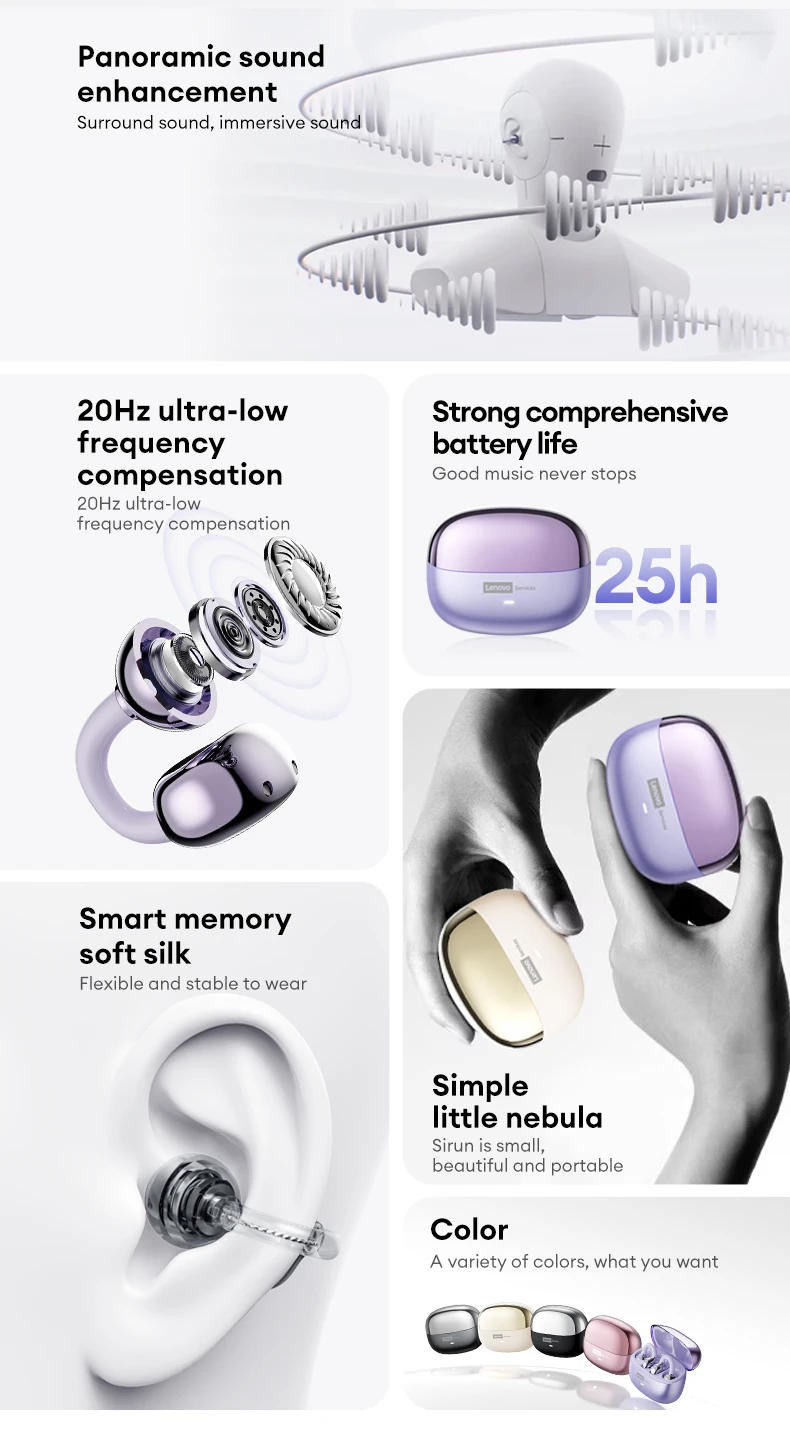 Lenovo LE302 Wireless Bluetooth 6.0 Headset Long Battery Life Sports Ear Clip Earphones HIFI Stereo Noise Cancelling Headphones