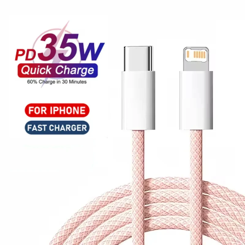 1m 2mPD Braided 35W Fast Charge Cable For iPhone 13 14 Pro Max 11 12 mini X XR XS Max 7 8 Plus Quick Charging USB-C Data Cables