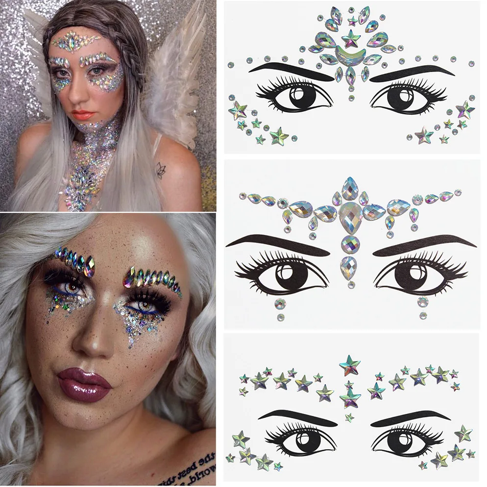 Face Jewels Tattoos for Women Party Makeup Decor Diamond Rhinestone Face Stickers 3D Self Adhesive Body Eyebrow Diamond Stickers