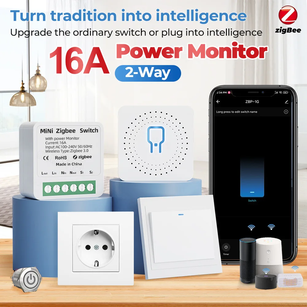 Tuya ZigBee Smart Switch Power Monitor 16A WiFi DIY Module Timer Relay Automation Work with Alexa Google Yandex Alice Smart Life