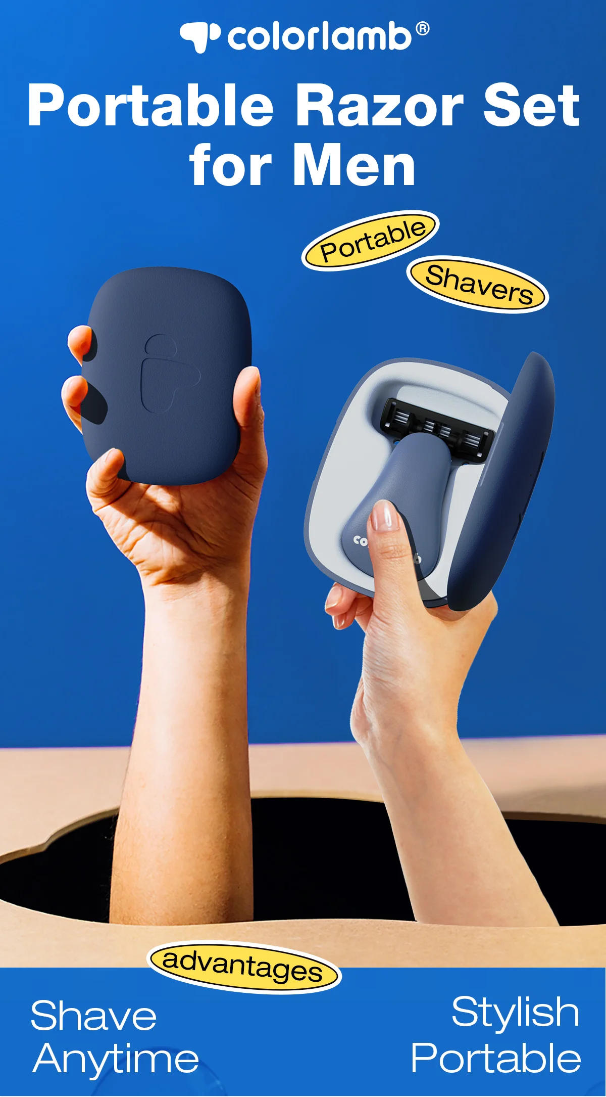 Colorlamb Portable Manual Men Razor with 3 Layers Blades Stainless Steel Cartridges Dark Blue Color Barber Shaver