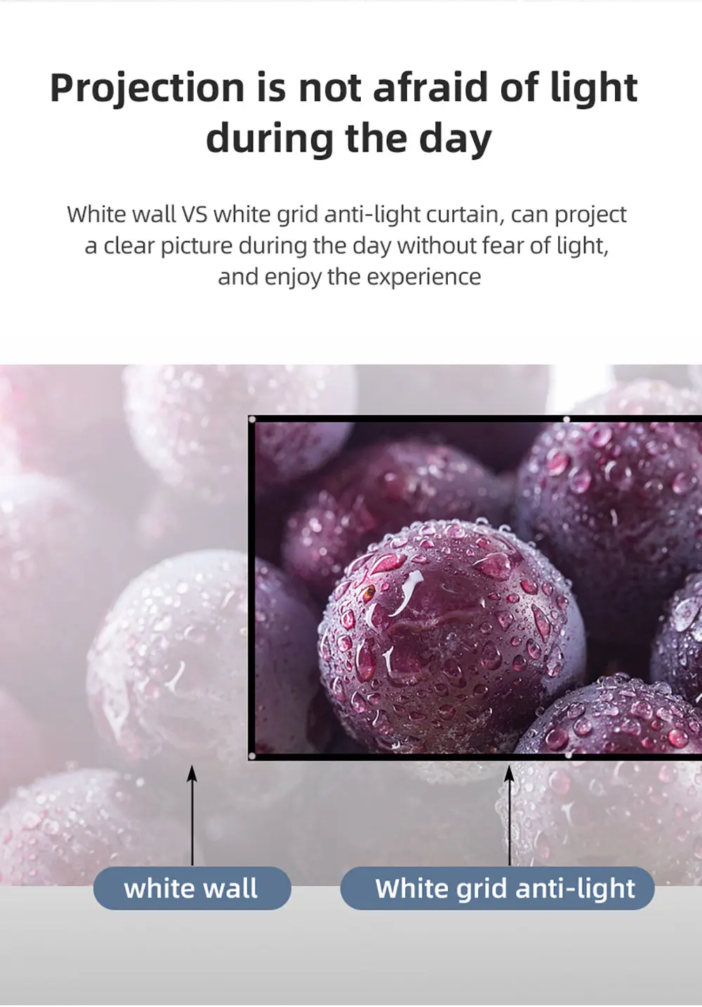 VEIDADZ Projector Screen 60 72 84 100 120 130 in White Grid Anti-Light 160° Viewing Angle Reflective Screen Indoor Outdoor Movie