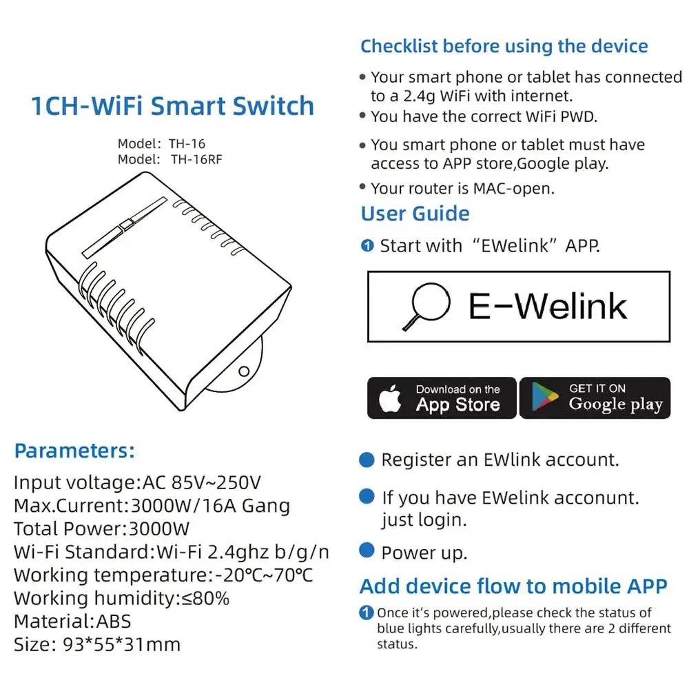 WiFi Smart Switch Tuya ewelink Temperature Switch TH16 RF433 Intelligent Monitoring Thermostat Compatible with Alexa Google Home