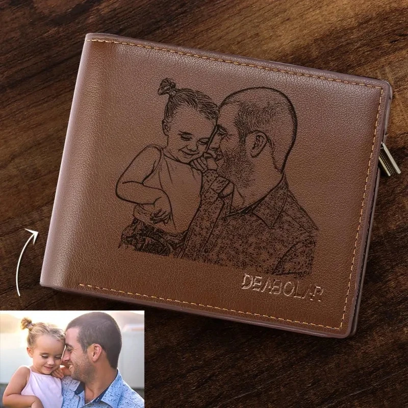 Engraving Picture Wallet DIY Customized Image Carving Text Men's  Short Slim Three Fold Leather Father's Day Zipper Coin Purse