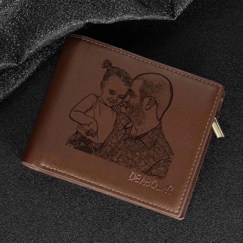 Engraving Picture Wallet DIY Customized Image Carving Text Men's  Short Slim Three Fold Leather Father's Day Zipper Coin Purse