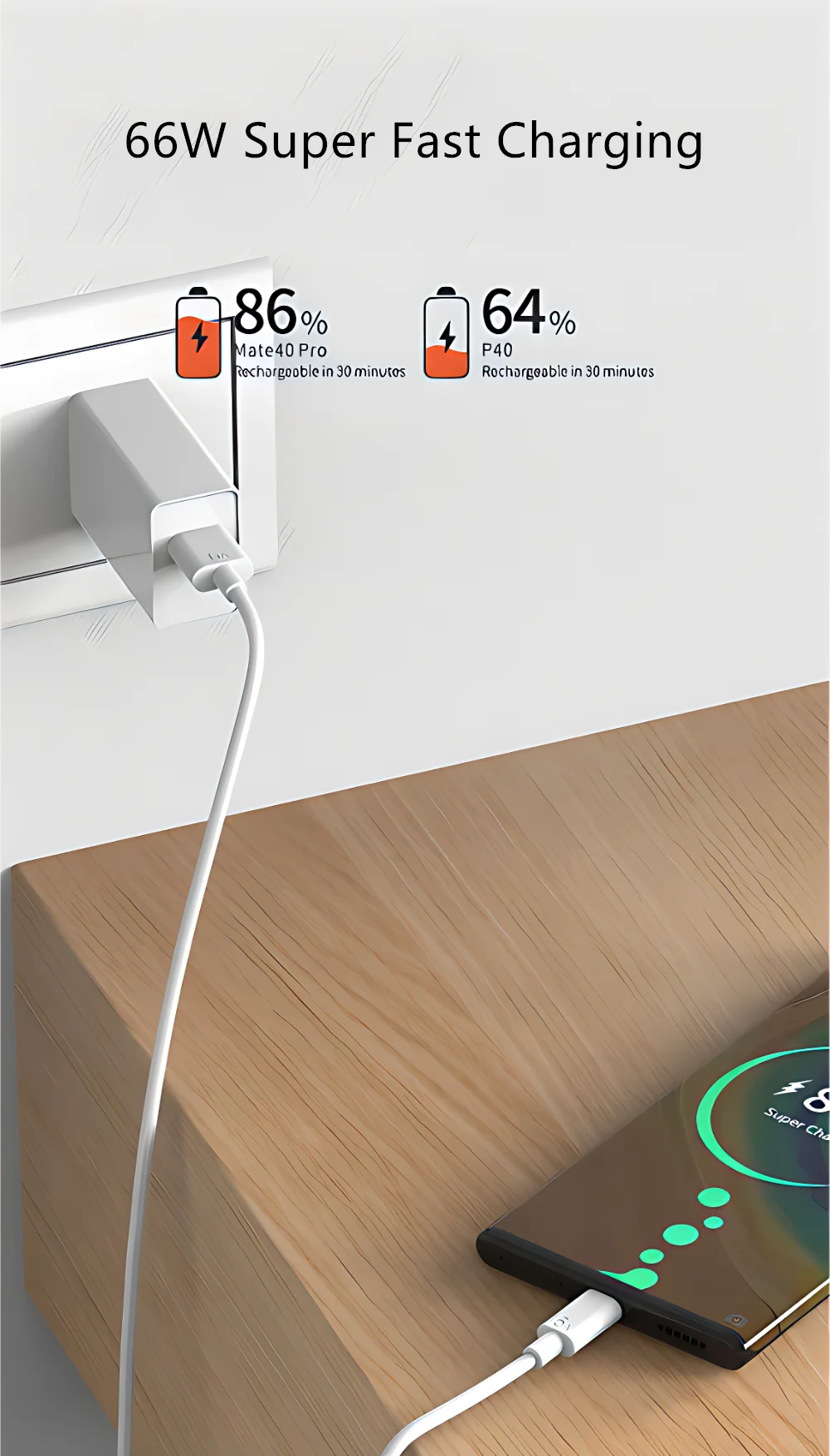 6A 66W Super Fast EU Wall Charger For Huawei Mate 40 50 60 P50 Nova 8 9 10 Honor 90 100 X7 X8 X9 Magic Type C Charging USB Cable