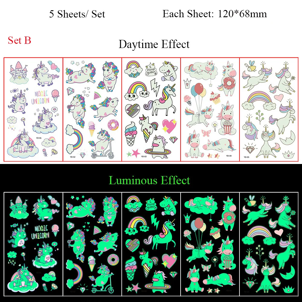 5 Sheets Luminous Tattoo Stickers Temporary Colorful Animal Dinosaur Tattoo Fake Tattoo for Body Hand Face