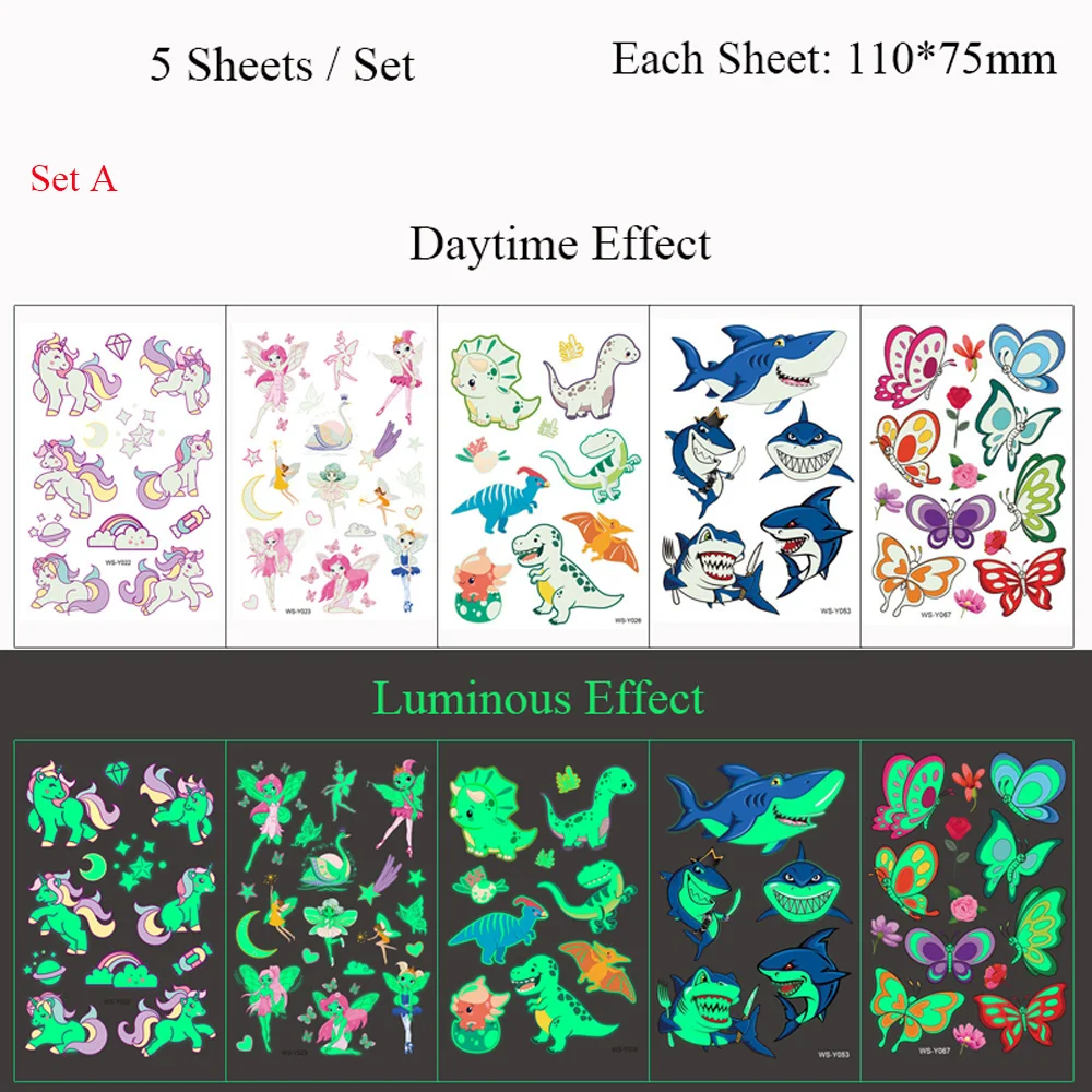 5 Sheets Luminous Tattoo Stickers Temporary Colorful Animal Dinosaur Tattoo Fake Tattoo for Body Hand Face