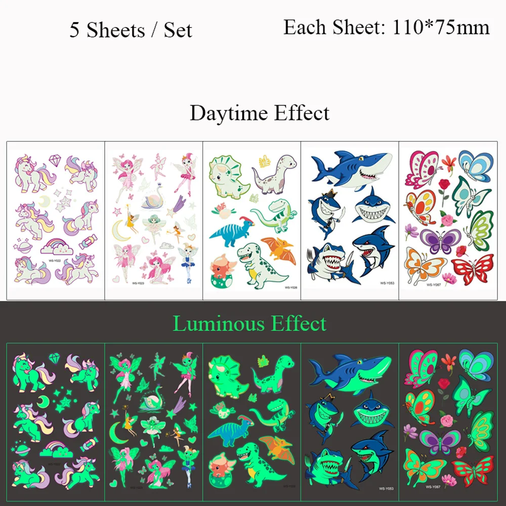 5 Sheets Luminous Tattoo Stickers Temporary Colorful Animal Dinosaur Tattoo Fake Tattoo for Body Hand Face