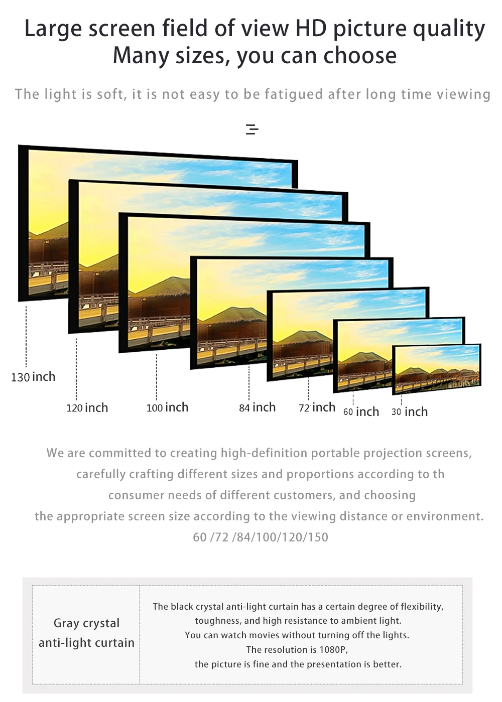 MIXITO Black Edge With Hole 16:9Gray Anti-light Projection Screen 30-133 Inch Outdoor Household Office Portable Projector Screen