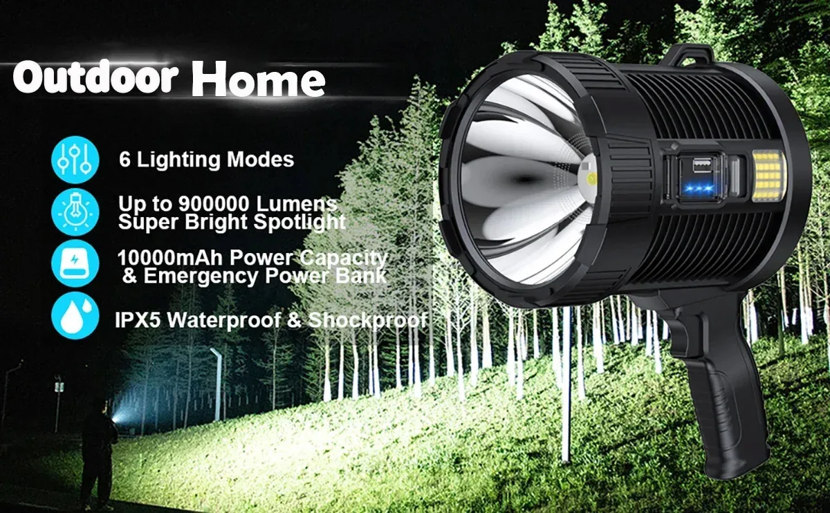 Rechargeable Spotlight 900000 Lumens Led Spot Lights Handheld Large Flashlight Super Bright Outdoor Solar Spotlights Searchlight