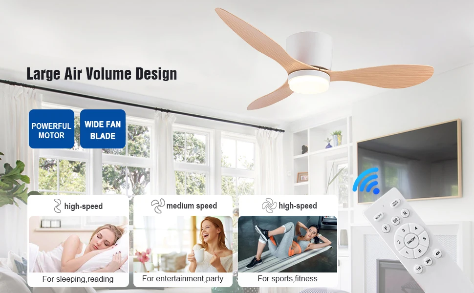 IRALAN Ceiling Fan With Light 6-speed choice Reversible DC motor 3CCT with remote control Whisper Easy Install black/White/Wood