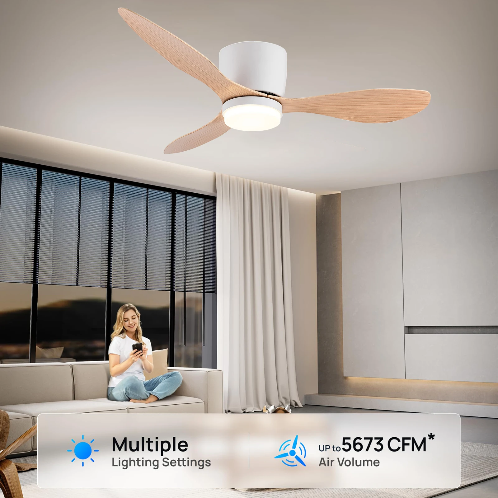 IRALAN Ceiling Fan With Light 6-speed choice Reversible DC motor 3CCT with remote control Whisper Easy Install black/White/Wood
