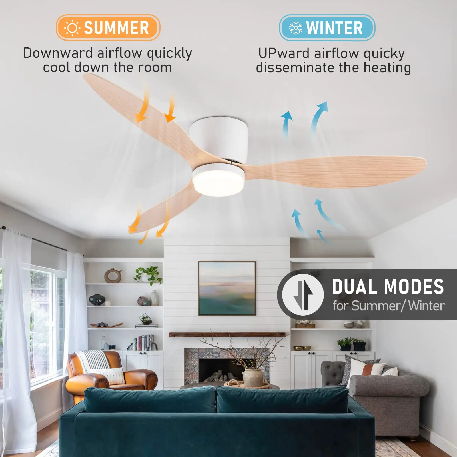 IRALAN Ceiling Fan With Light 6-speed choice Reversible DC motor 3CCT with remote control Whisper Easy Install black/White/Wood