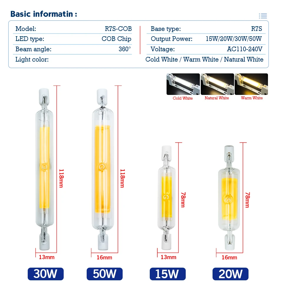 1-10pcs High Power LED R7s COB Glass Tube 78mm 118mm J78 J118 COB Light Bulb 110V 220V 15W 20W 30W 50W Home Replace Halogen Lamp