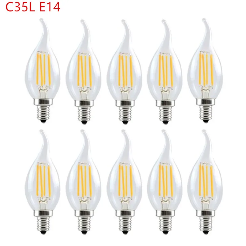 10PCS LED Bulb C35 E14 E12 E27 220V 110V Dimmable 2W 4W 6W Design Energy Saving Candle Warm White Filament Light 360 Degree Lamp