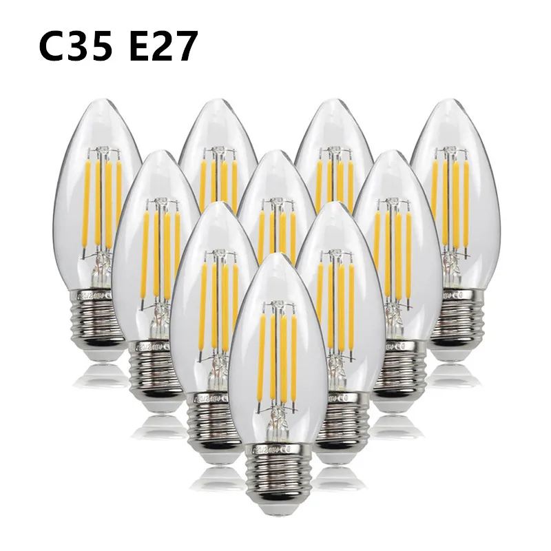 10PCS LED Bulb C35 E14 E12 E27 220V 110V Dimmable 2W 4W 6W Design Energy Saving Candle Warm White Filament Light 360 Degree Lamp