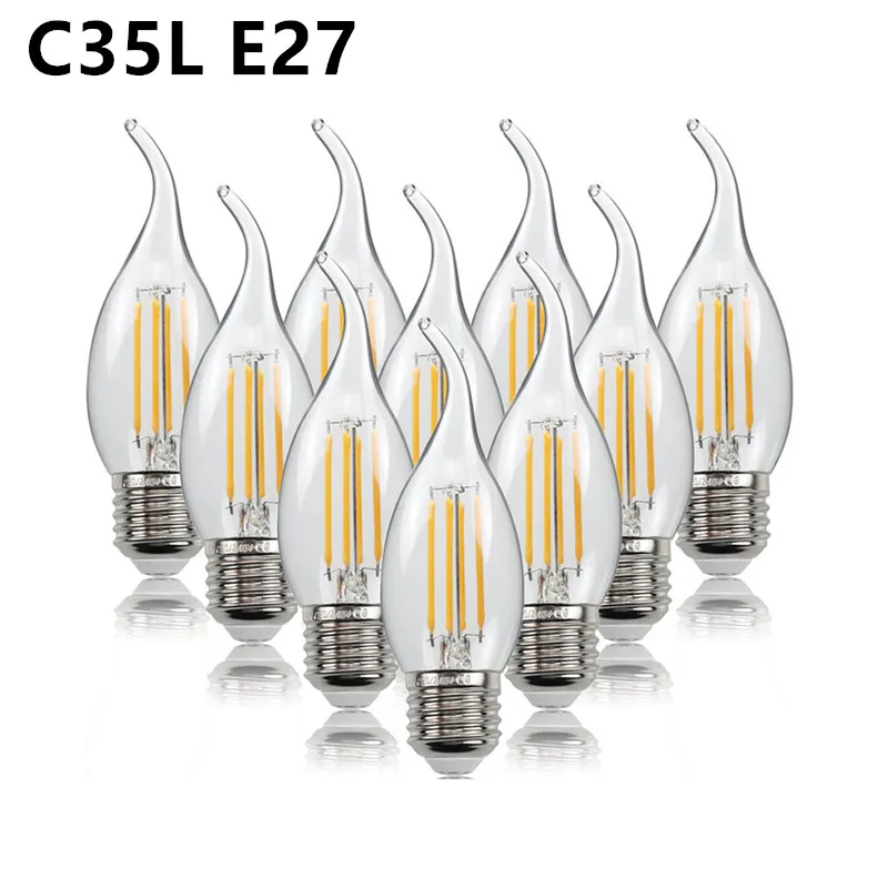 10PCS LED Bulb C35 E14 E12 E27 220V 110V Dimmable 2W 4W 6W Design Energy Saving Candle Warm White Filament Light 360 Degree Lamp
