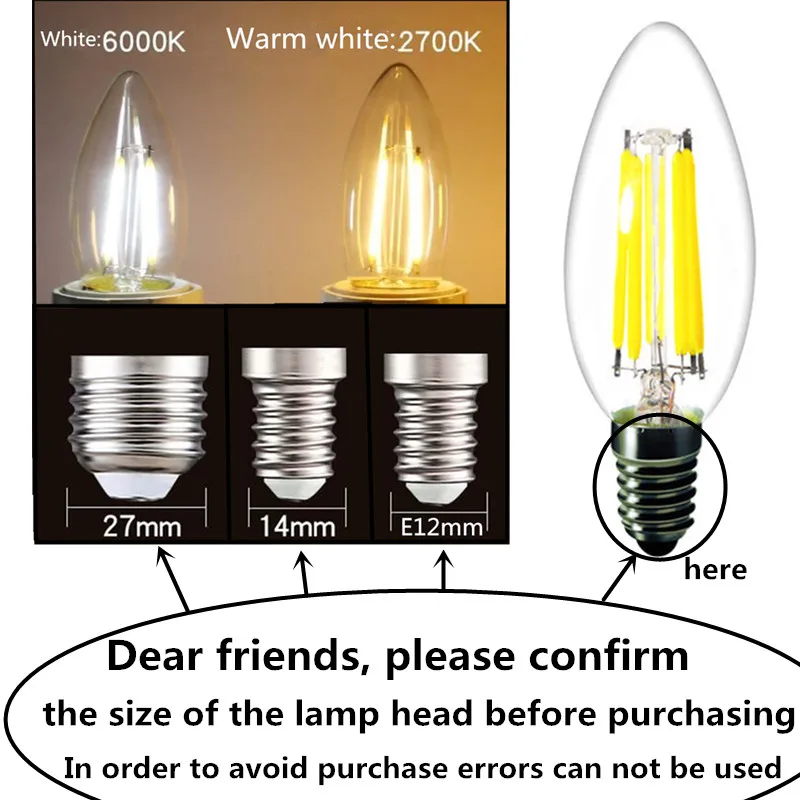 10PCS LED Bulb C35 E14 E12 E27 220V 110V Dimmable 2W 4W 6W Design Energy Saving Candle Warm White Filament Light 360 Degree Lamp
