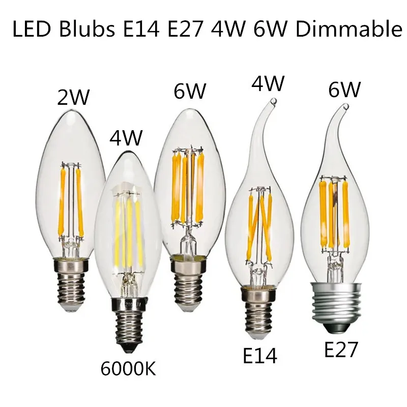10PCS LED Bulb C35 E14 E12 E27 220V 110V Dimmable 2W 4W 6W Design Energy Saving Candle Warm White Filament Light 360 Degree Lamp