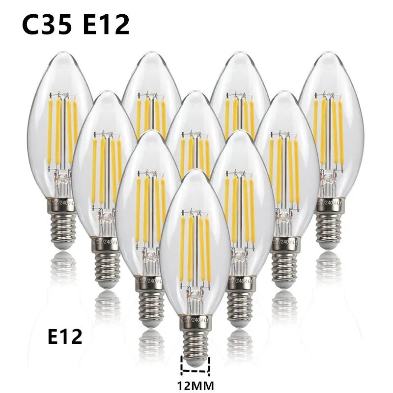 10PCS LED Bulb C35 E14 E12 E27 220V 110V Dimmable 2W 4W 6W Design Energy Saving Candle Warm White Filament Light 360 Degree Lamp
