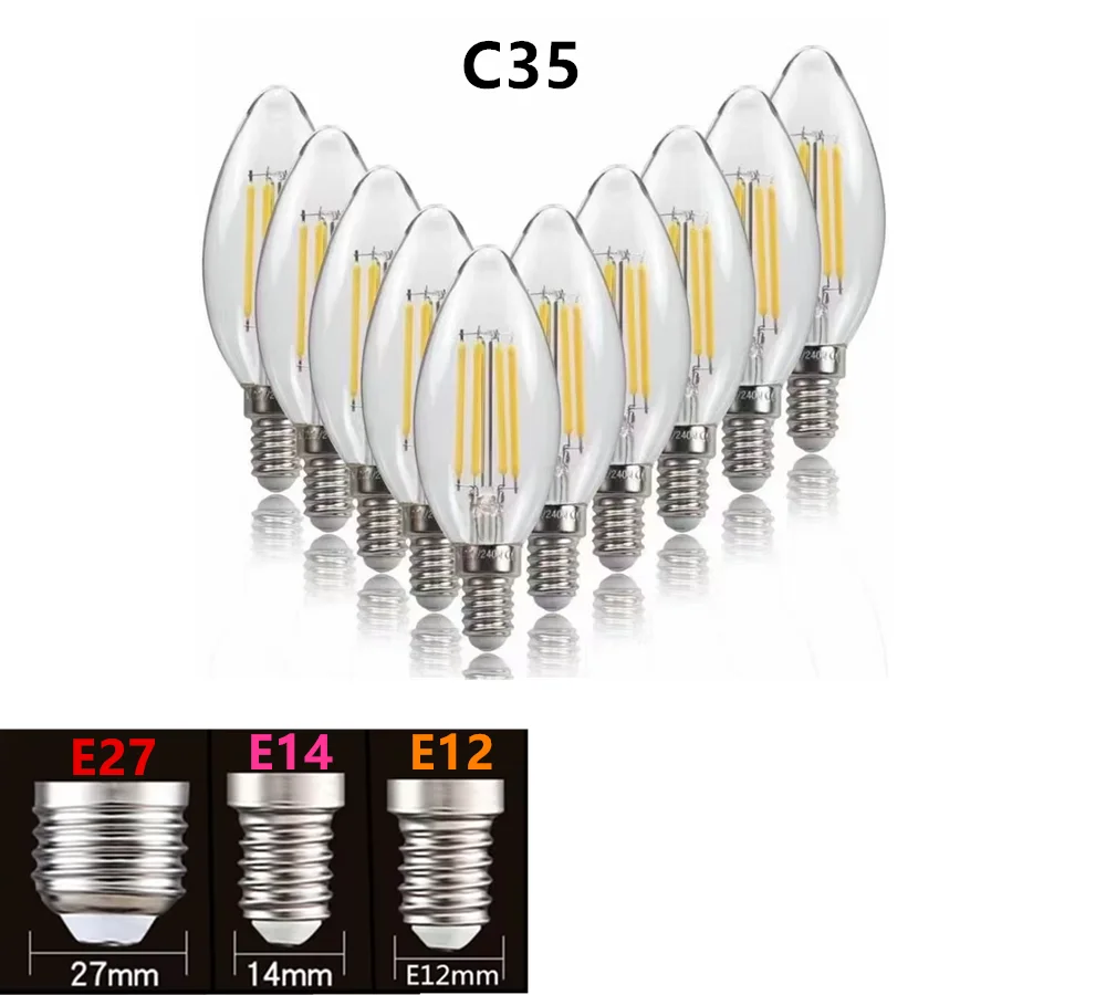 10PCS LED Bulb C35 E14 E12 E27 220V 110V Dimmable 2W 4W 6W Design Energy Saving Candle Warm White Filament Light 360 Degree Lamp