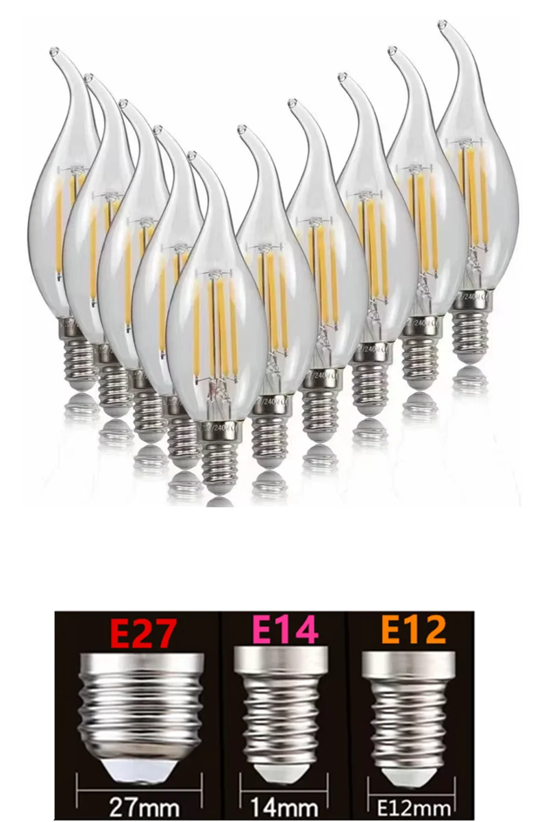 10PCS LED Bulb C35 E14 E12 E27 220V 110V Dimmable 2W 4W 6W Design Energy Saving Candle Warm White Filament Light 360 Degree Lamp
