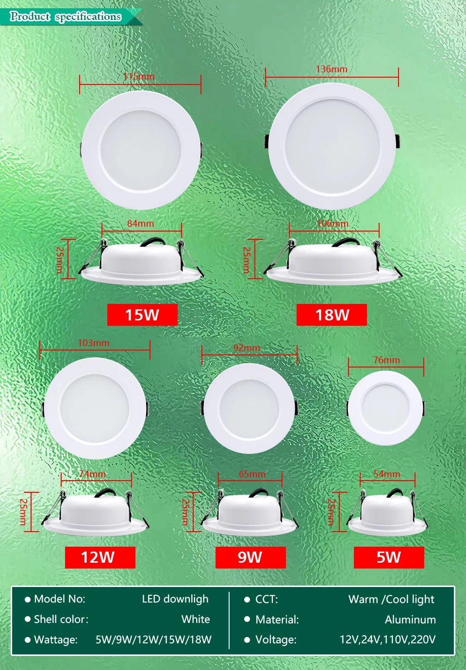 10pcs/lot LED Downlight White Body 5W 9W 12W 15W 18W Round Led Ceiling Light DC 12V 24V AC 110V 220V Bedroom Indoor Led Lighting