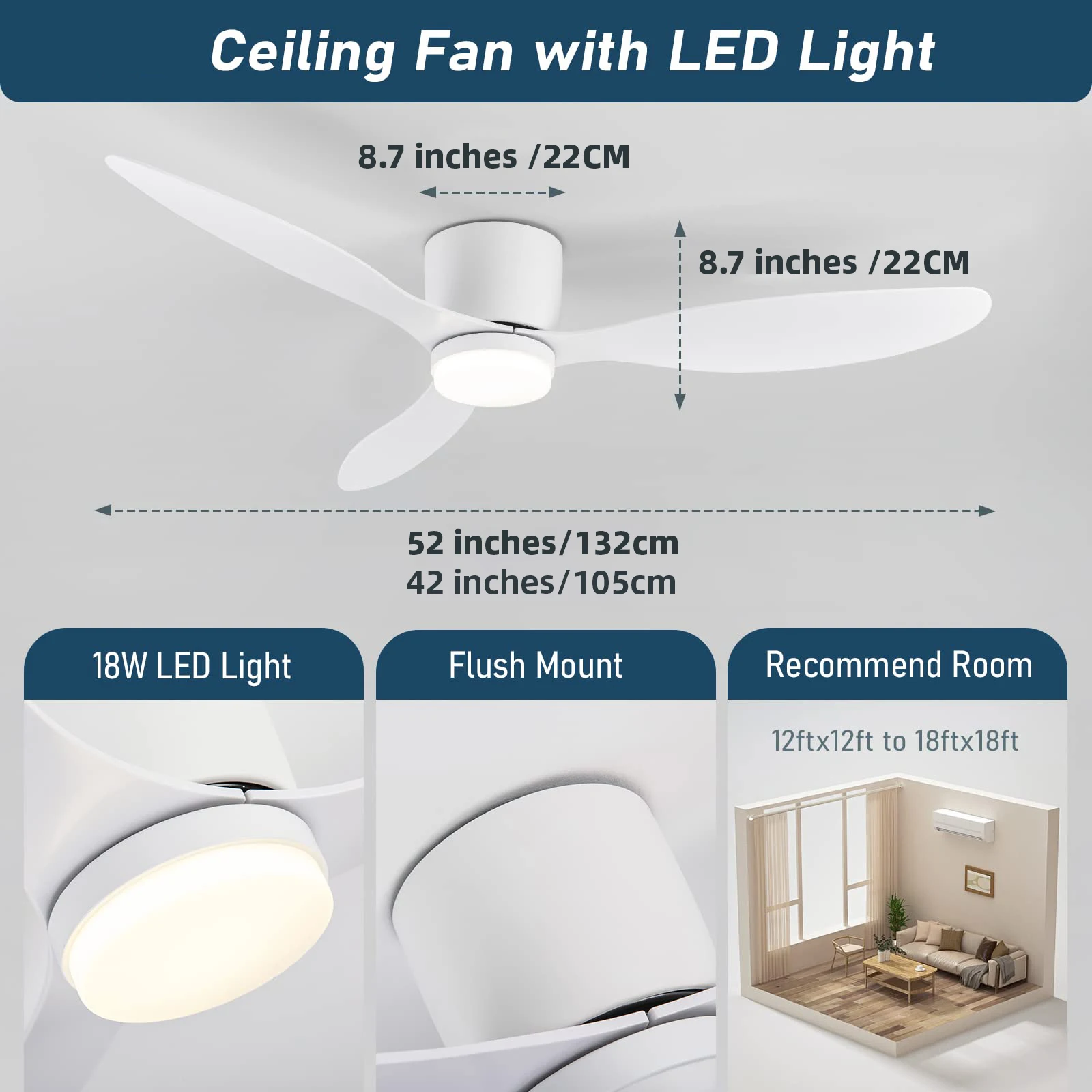 IRALAN Ceiling Fan With Light, 42 Inch/52 Inch Low Profile Ceiling Fan With Remote Control, For Indoor and Covered Outdoor