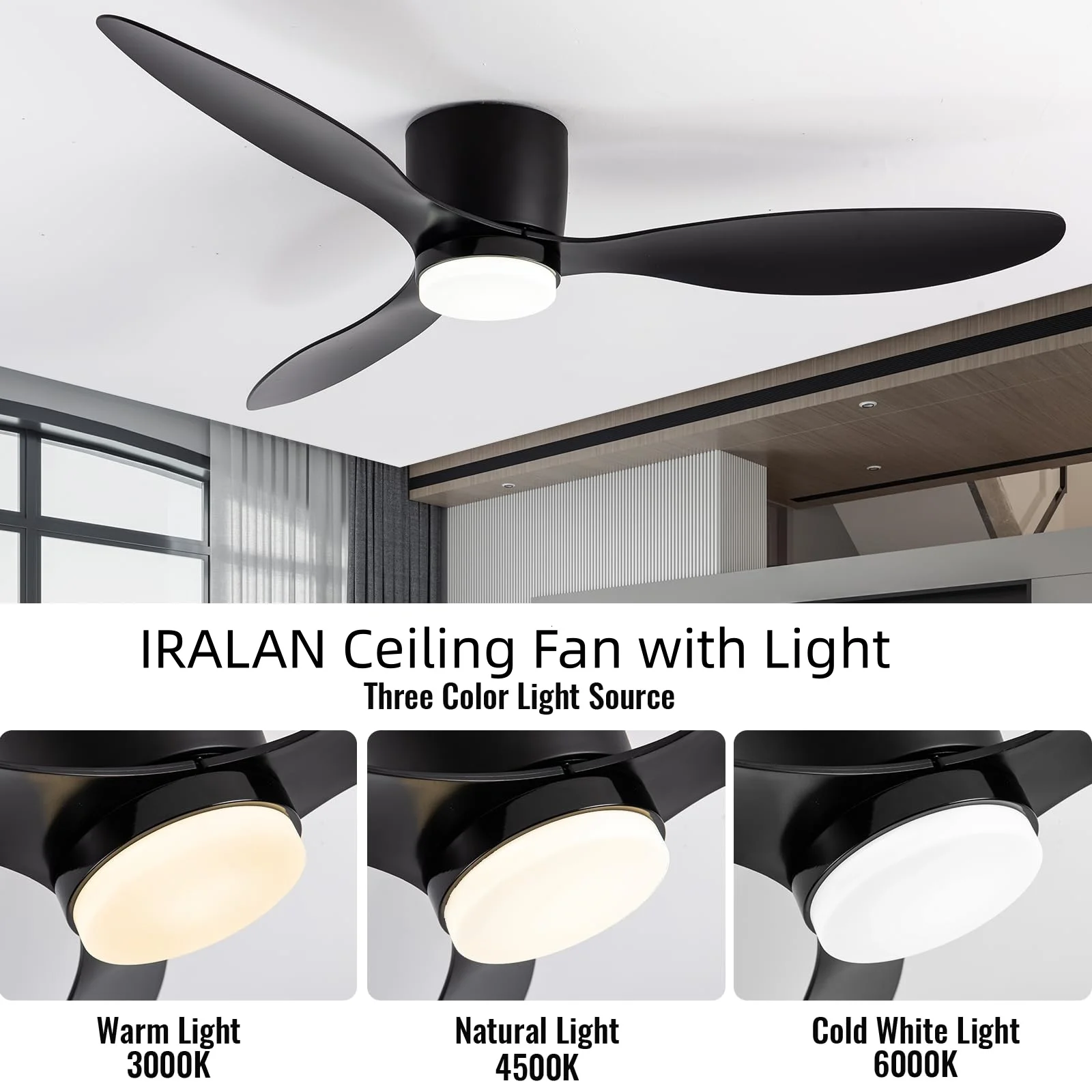 IRALAN Ceiling Fan With Light, 42 Inch/52 Inch Low Profile Ceiling Fan With Remote Control, For Indoor and Covered Outdoor