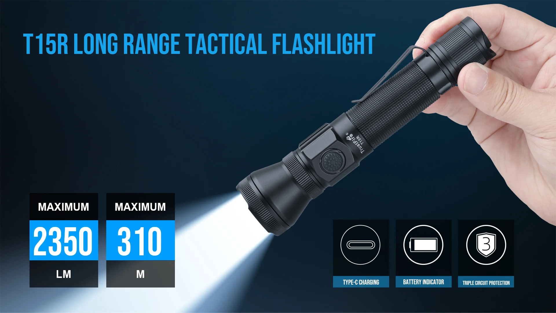 Trustfire T15R Army Tactical Flashlight 2350Lumen Powerful Type C USB Rechargeable 18650 LED Rechargeable Military Tactical Lamp