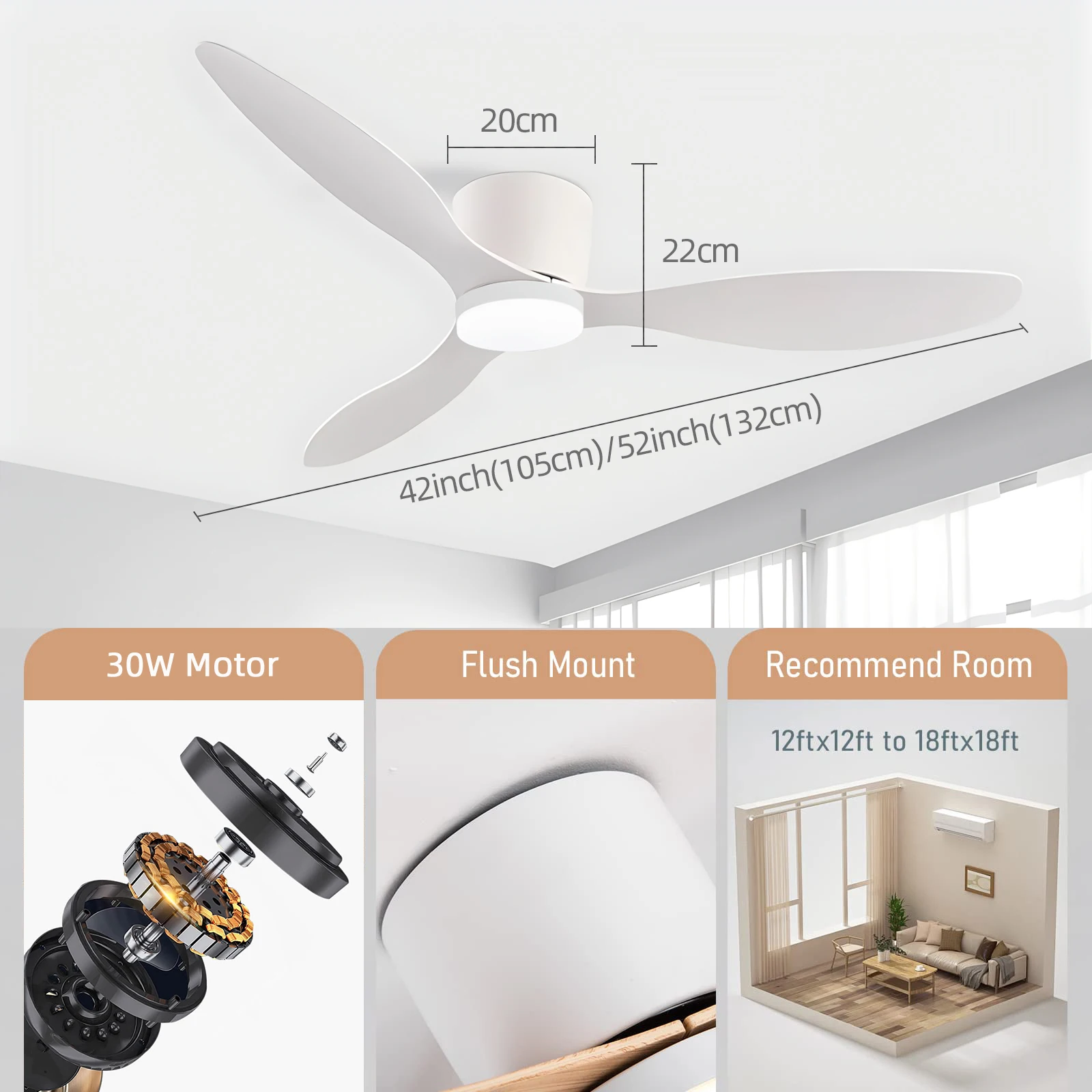 IRALAN Modern Ceiling Fan with LED Light DC motor Large Air Volume Remote Control for Kitchen Bedroom Dining room Patio