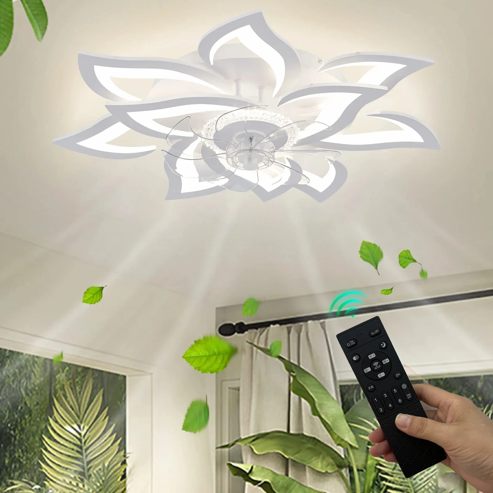 Ceiling Fan with Lights,Modern dimable Flower pattern, Remote Control/app Control, 6 Gear Speeds Fan Ceiling Lamp