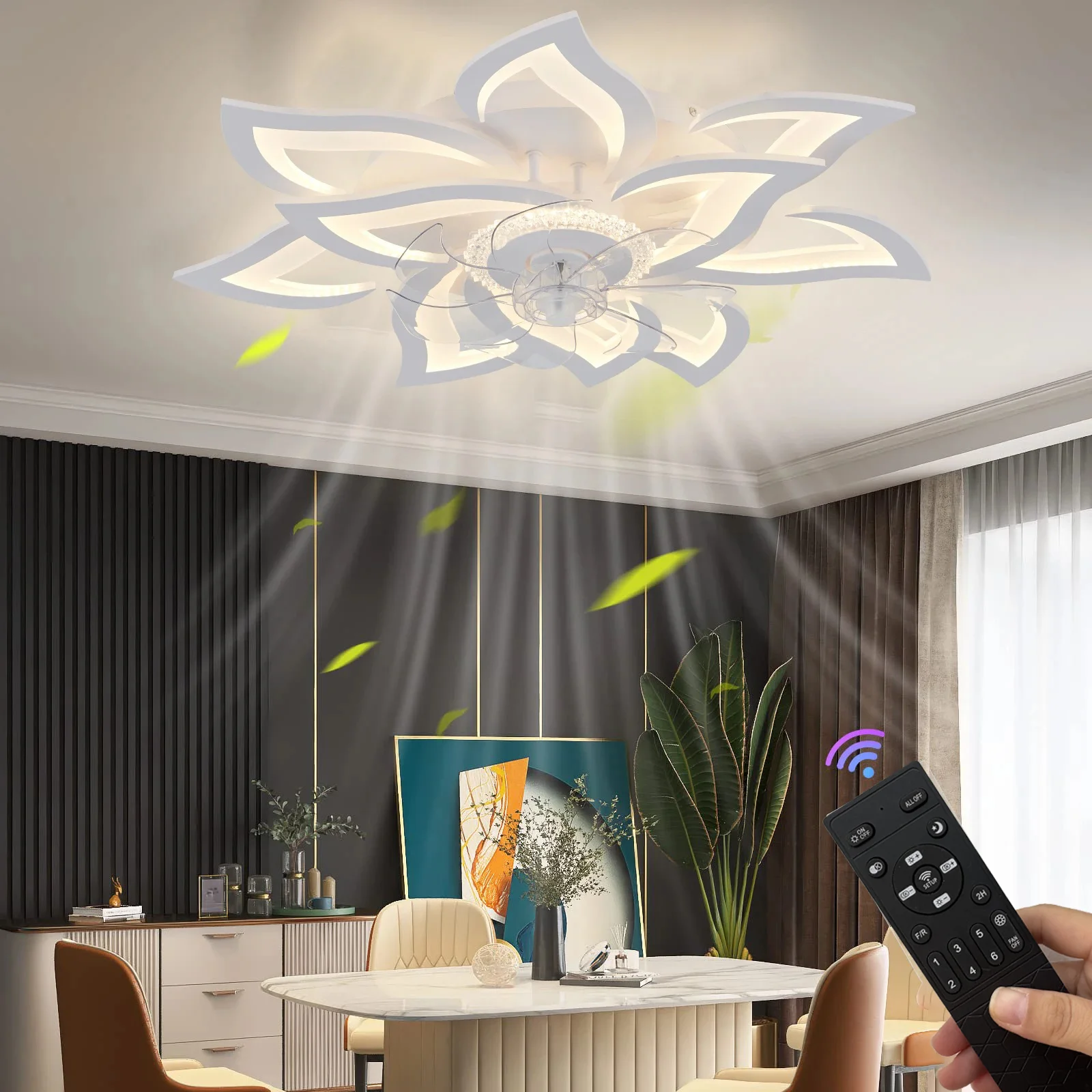 Ceiling Fan with Lights,Modern dimable Flower pattern, Remote Control/app Control, 6 Gear Speeds Fan Ceiling Lamp