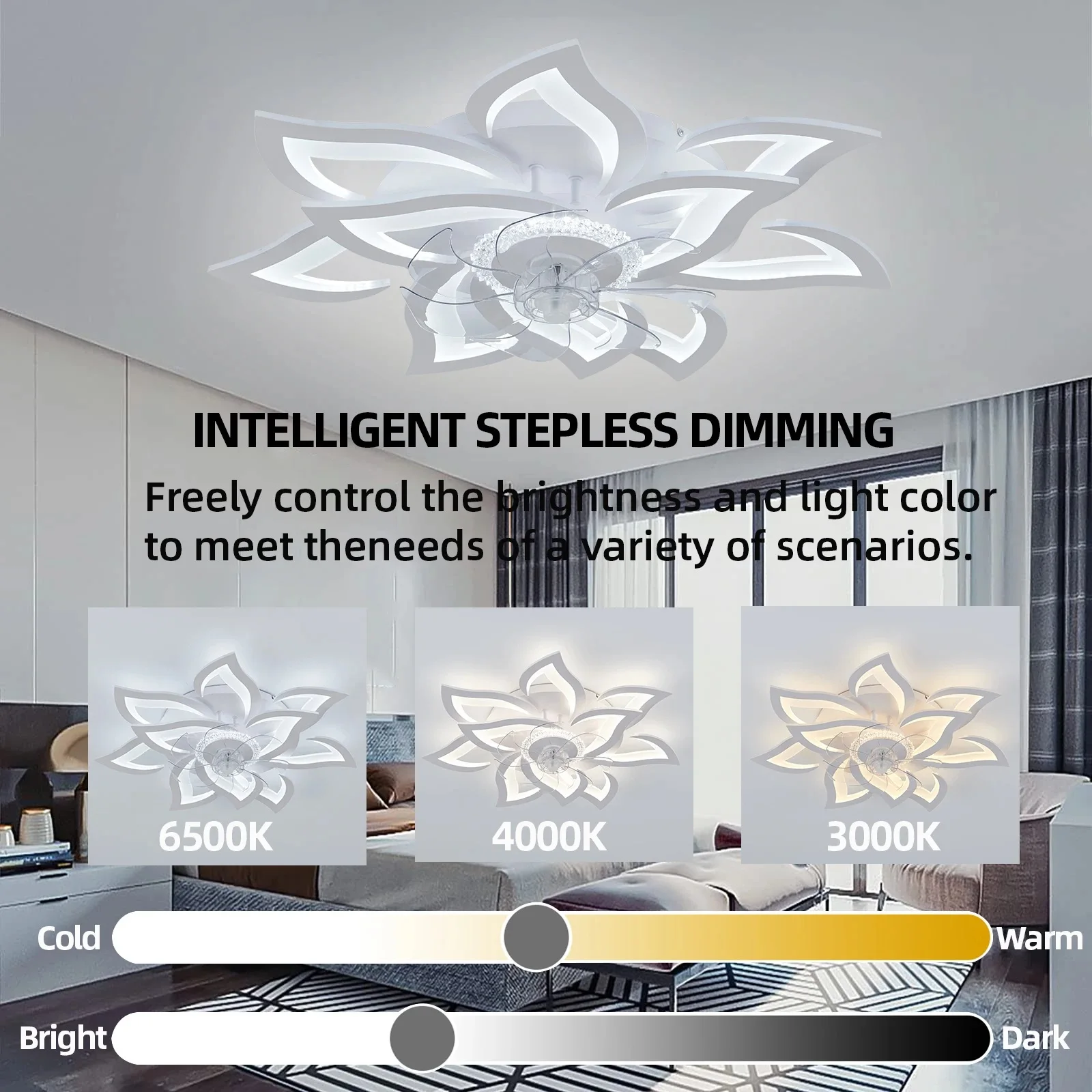 Ceiling Fan with Lights,Modern dimable Flower pattern, Remote Control/app Control, 6 Gear Speeds Fan Ceiling Lamp