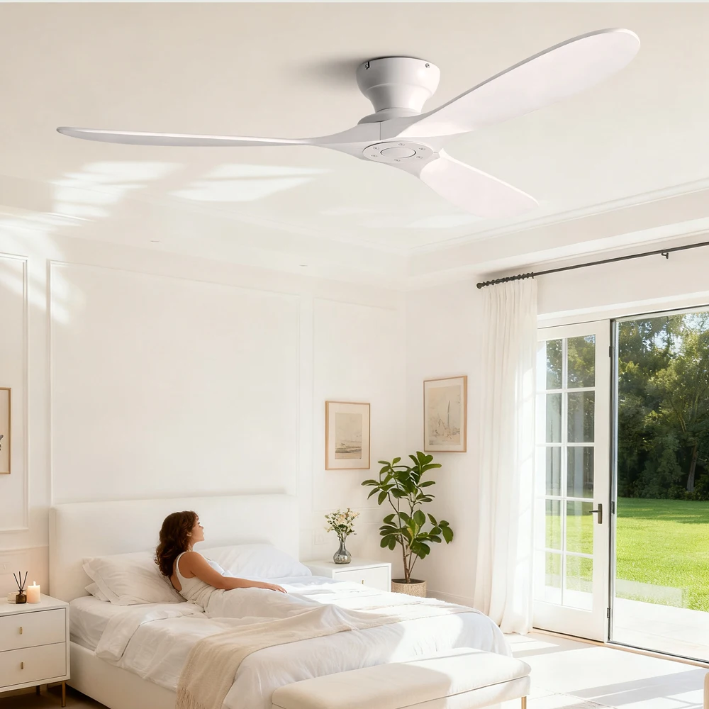 42/52/60 Inch Low Floor Ceiling Fan 3 Wooden Blade DC Motor Electric Fan with Remote Control for Living Room Dining Room Bedroom