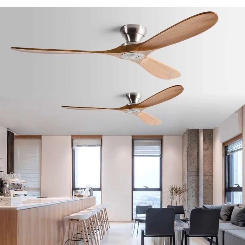 42/52/60 Inch Low Floor Ceiling Fan 3 Wooden Blade DC Motor Electric Fan with Remote Control for Living Room Dining Room Bedroom