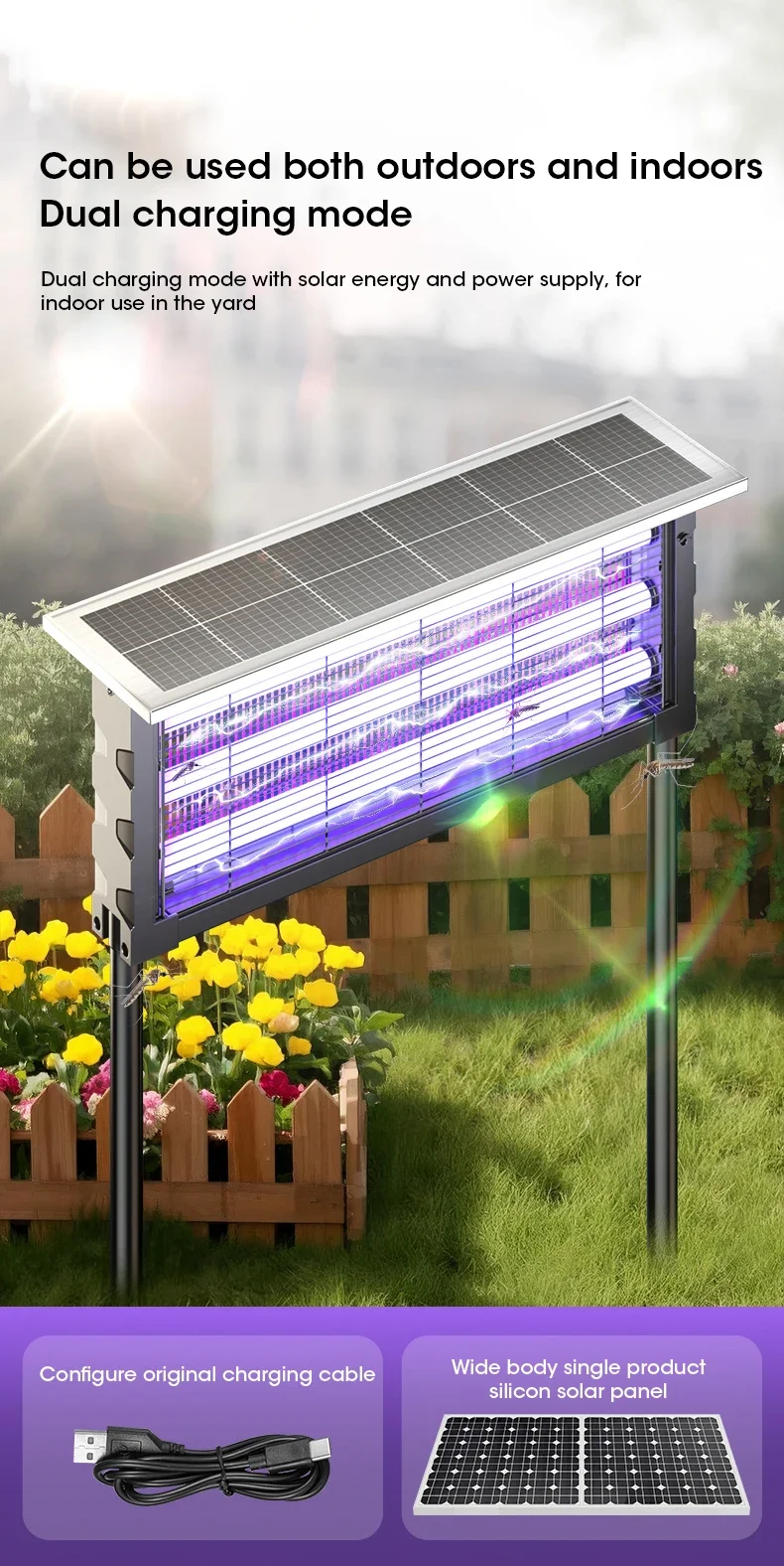 Solar Mosquito Killer Lamp with Light, 395nm UV+Carbon Mesh, IPX5 Waterproof, USB/Solar Rechargeable, 10Y, for Garden/Patio