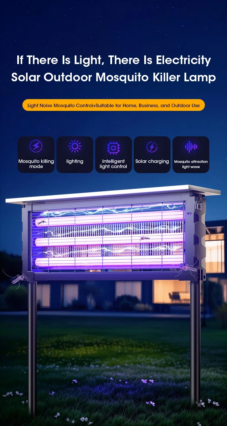 Solar Mosquito Killer Lamp with Light, 395nm UV+Carbon Mesh, IPX5 Waterproof, USB/Solar Rechargeable, 10Y, for Garden/Patio