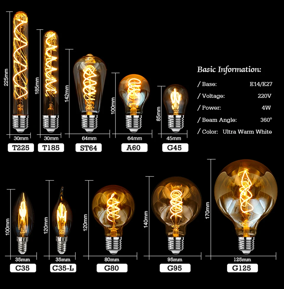 E14 E27 Spiral Light G80 G95 G125 LED Filament Bulb 220V 4W 2200K Retro Vintage Lamps Decorative Lighting Dimmable Edison Lamp