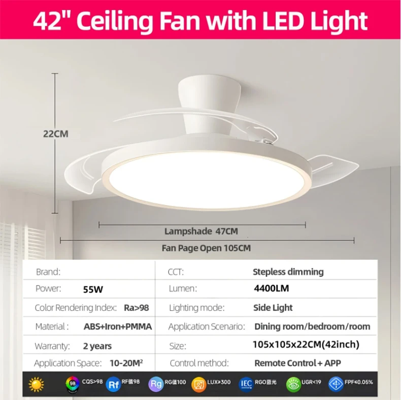 Modern Ultra-Thin Invisible Ceiling Fan LED Light Electric Fan 3 Folding Blades Pendant Light Kitchen Dining Room Office AC220V