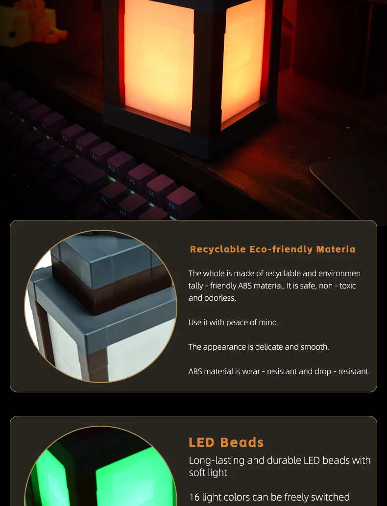 Pixel Style Night Light Portable Lantern Tabletop Ornament 16 Colors Lantern DIY Interior Decoration Festival Atmosphere Light