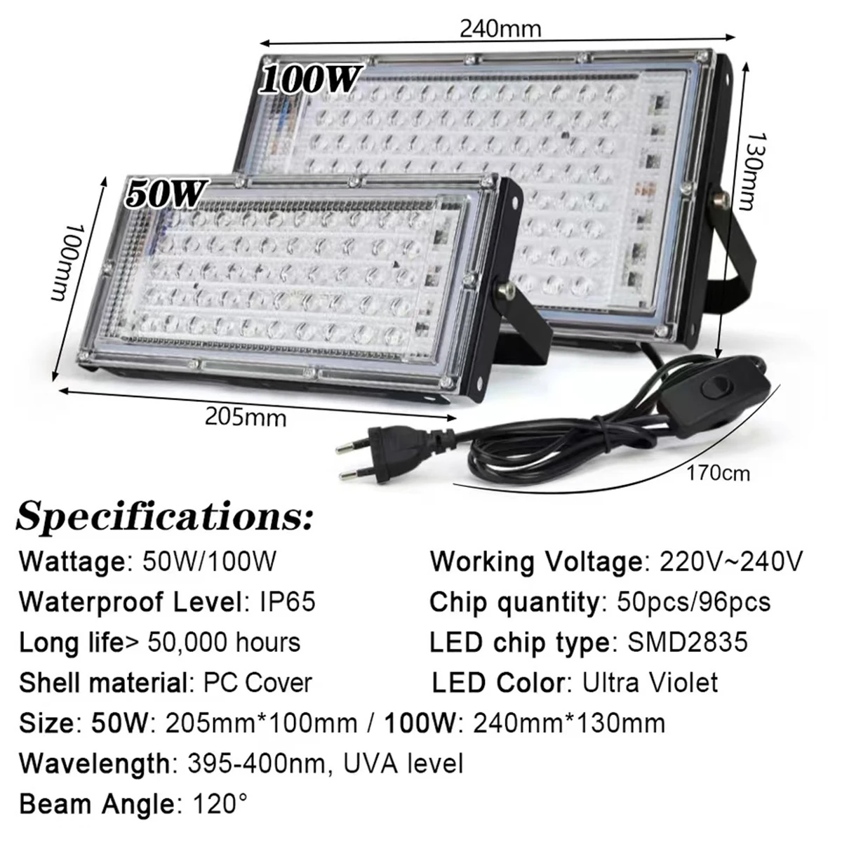 Led Uv Floodlight 50w 100w 395nm Ultraviolet Plug 240v Stage Blacklight 400nm Light Lights Germicidal Lamp Bulb Bar Outdoor Room
