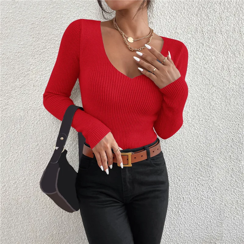 2026 Autumn Winter Women Solid Rib Knit V Neck Stripe Pull Sweater Femme Y2k Long Sleeve Pullover Jersey Tops Fashion Clothes