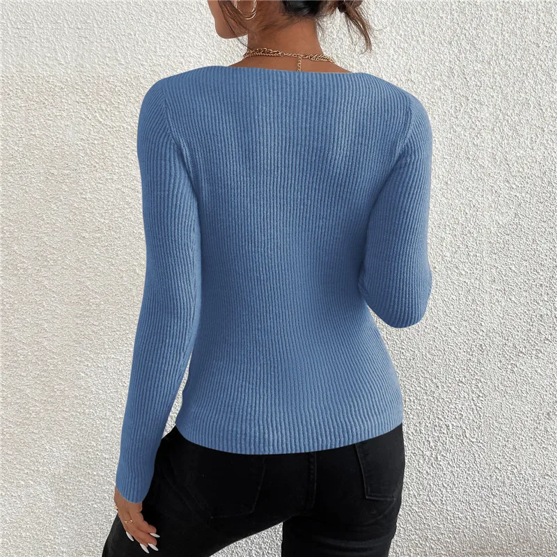 2026 Autumn Winter Women Solid Rib Knit V Neck Stripe Pull Sweater Femme Y2k Long Sleeve Pullover Jersey Tops Fashion Clothes