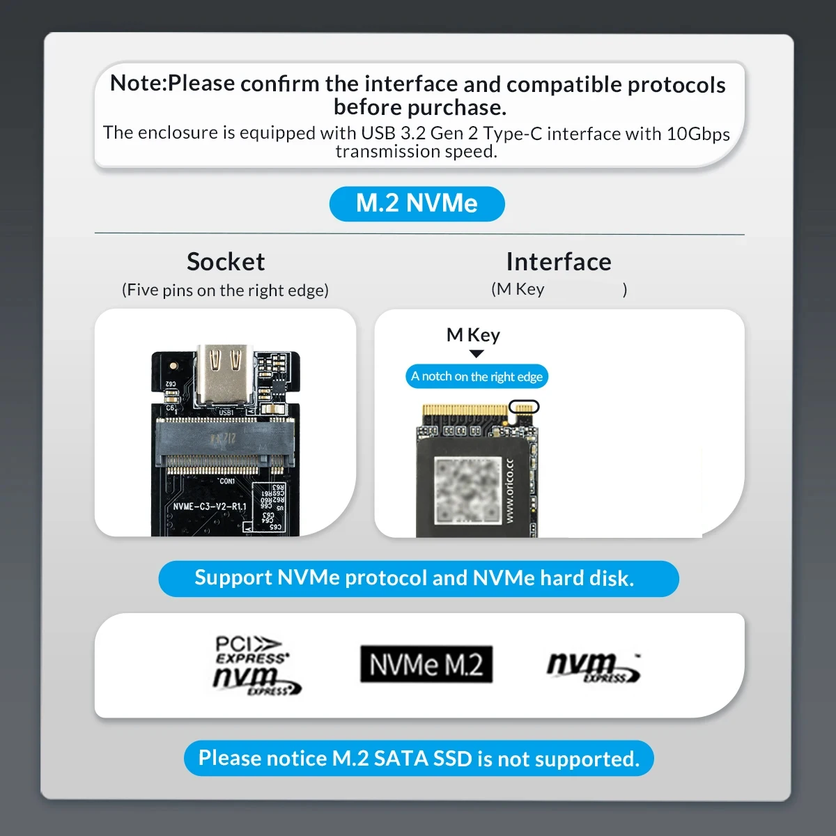 ORICO M.2 NVMe SATA SSD Enclosure Tool-Free USB External 10Gbps M.2 NVMe to USB Adapter Support UASP for PCIe NVMe and SATA SSD