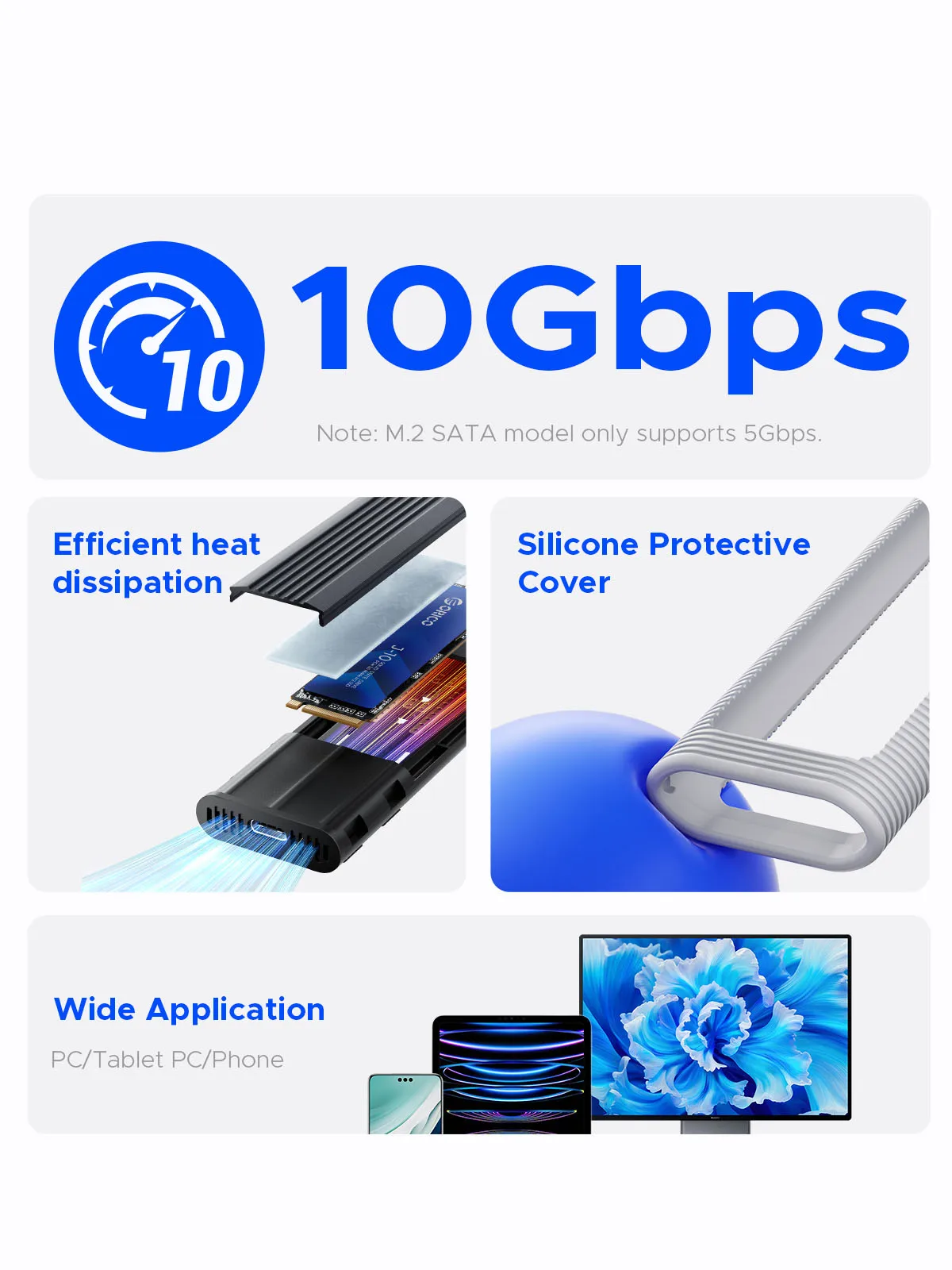 ORICO M.2 NVMe SATA SSD Enclosure Tool-Free USB External 10Gbps M.2 NVMe to USB Adapter Support UASP for PCIe NVMe and SATA SSD