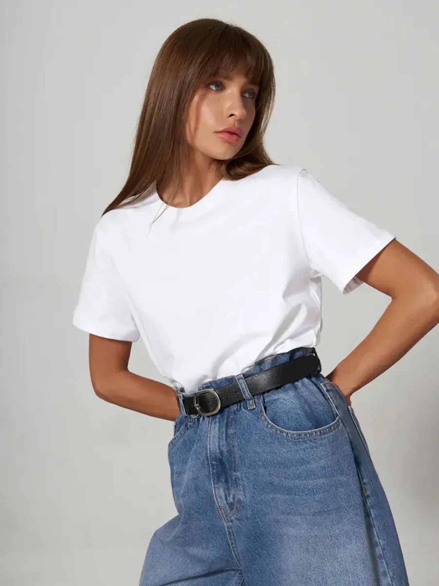 Bornladies Summer 100% Cotton Women's T-shirt Bottoming Basic Fashionable Solid Lady Short Sleeve Loose Tops Shirts 230g/㎡ Tops